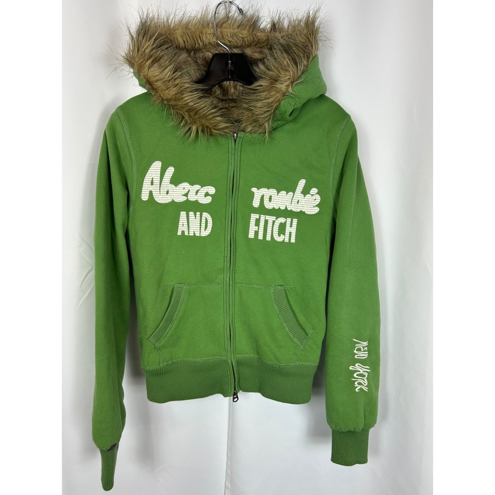 Vintage Y2K Abercrombie & Fitch Green Faux Fur Lined Zip Hoodie New York Small